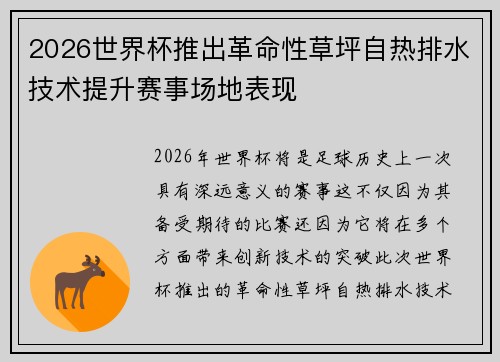 2026世界杯推出革命性草坪自热排水技术提升赛事场地表现 2026世界杯推出革命性草坪自热排水技术提升赛事场地表现