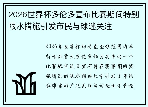 2026世界杯多伦多宣布比赛期间特别限水措施引发市民与球迷关注